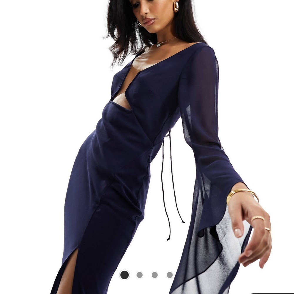 ASOS Midi Flowy Long Sleeve Cutout Dress in Navy